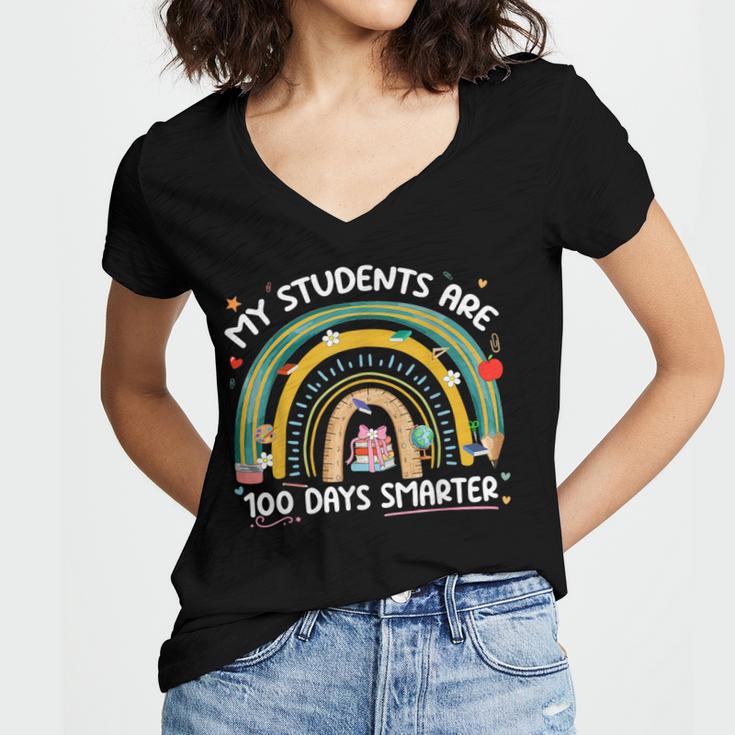 100th Day Of School Teachers Students Women Floral Books Women's Jersey Short Sleeve Deep V-Neck Tshirt