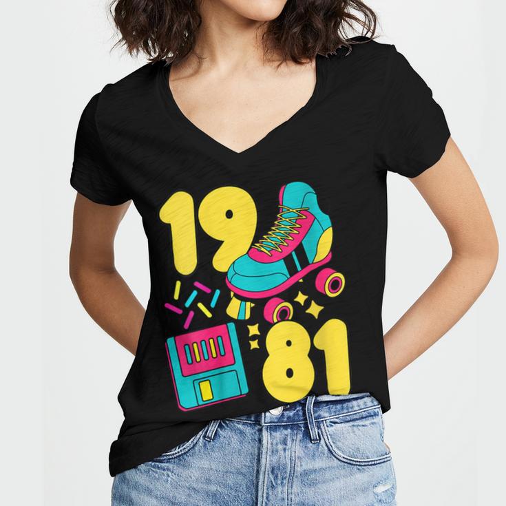 1981 Retro Raised In The 80s Old School Nostalgia Vibes Women's Jersey Short Sleeve Deep V-Neck Tshirt