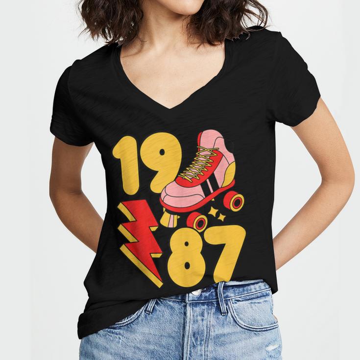 1987 Retro Roller Skate Vintage 80s Nostalgia Collector Women's Jersey Short Sleeve Deep V-Neck Tshirt