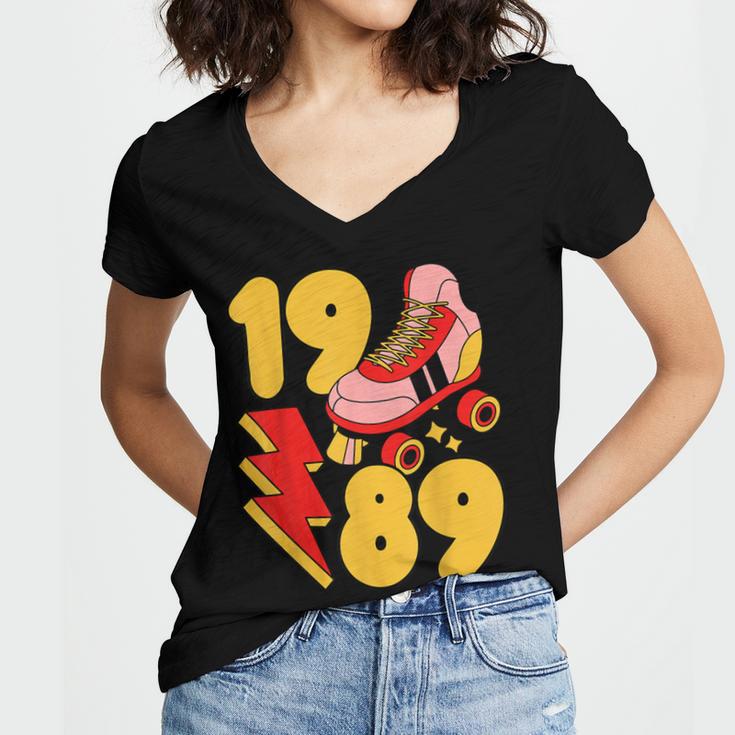 1989 Retro Roller Skate Vintage 80s Nostalgia Collector Women's Jersey Short Sleeve Deep V-Neck Tshirt