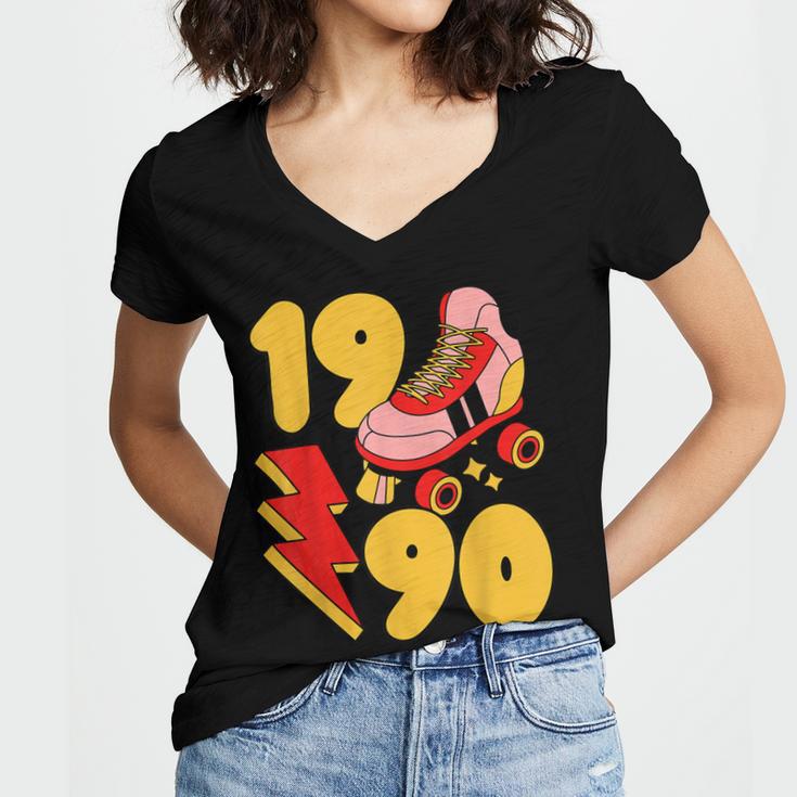 1990 Retro Roller Skate Vintage 90s Nostalgia Collector Women's Jersey Short Sleeve Deep V-Neck Tshirt