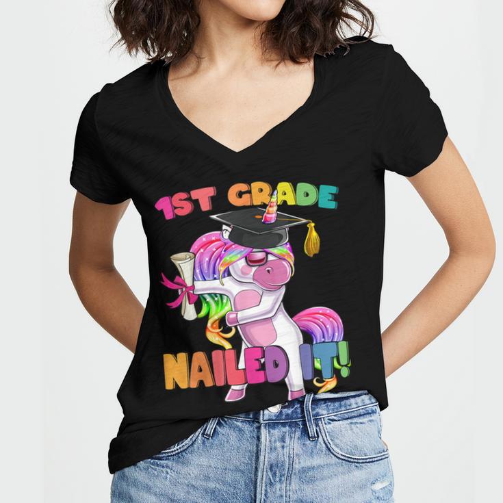 1st Grade Nailed It Flossing Unicorn Graduation Shirt Women's Jersey Short Sleeve Deep V-Neck Tshirt