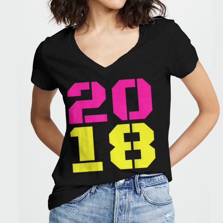 2018 Big Neon Numbers For The New Year Or Graduation Women's Jersey Short Sleeve Deep V-Neck Tshirt