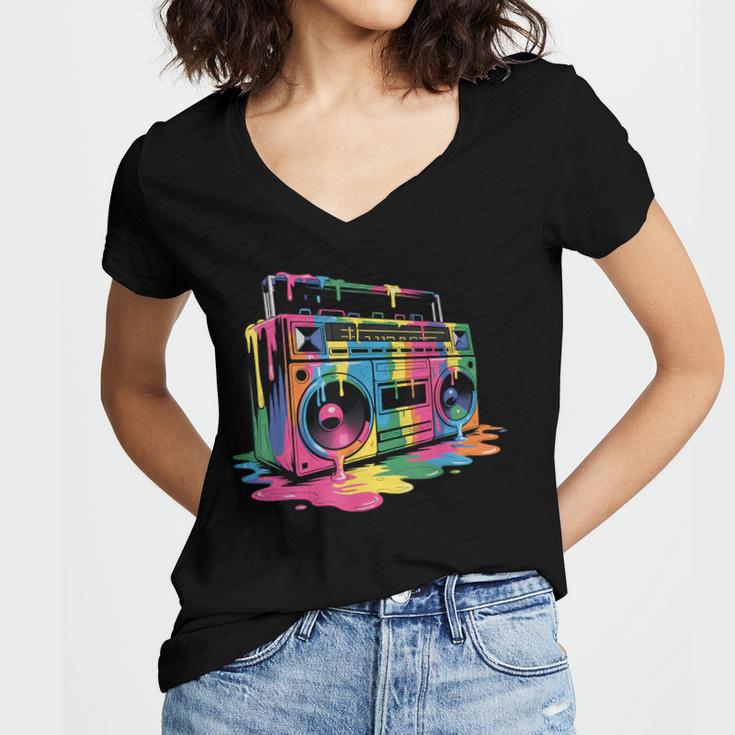 80s 90s Hip Hop Nostalgia Retro Boombox Music Lovers Women's Jersey Short Sleeve Deep V-Neck Tshirt 80s 90s Hip Hop Nostalgia Retro Boombox Music Lovers Women's Jersey Short Sleeve Deep V-Neck Tshirt