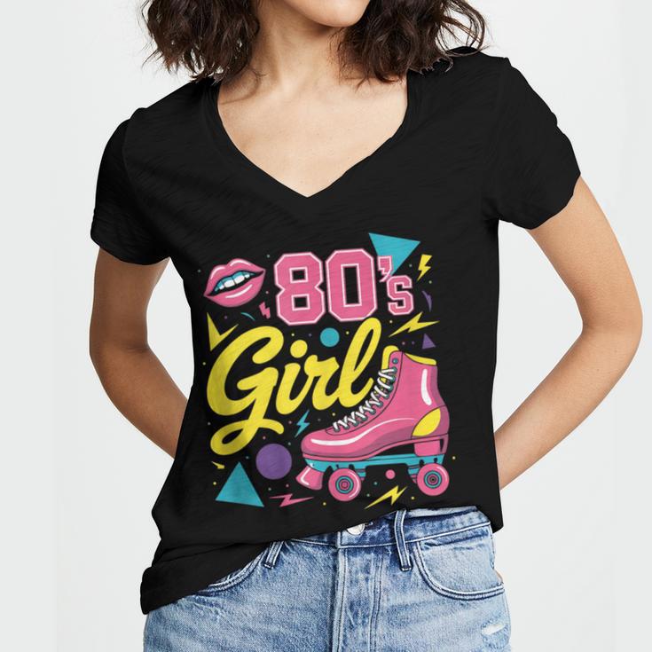 80's Girl Roller Skates Skating Eighties 1980s Nostalgia Women's Jersey Short Sleeve Deep V-Neck Tshirt