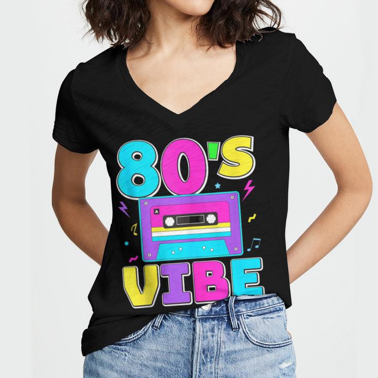 80's Vibe Retro Style Cassette Tape Nostalgia 1980s Party Women's Jersey Short Sleeve Deep V-Neck Tshirt