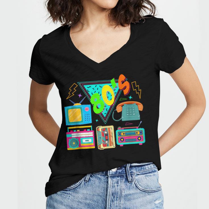 80's Vintage Cassette Tape Nostalgia Mixtape Era 1980s Retro Women's Jersey Short Sleeve Deep V-Neck Tshirt