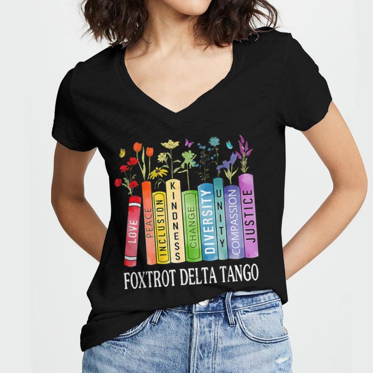 8647 Foxtrots Tangos Deltas Book Flower Resist Book Lovers Women's Jersey Short Sleeve Deep V-Neck Tshirt