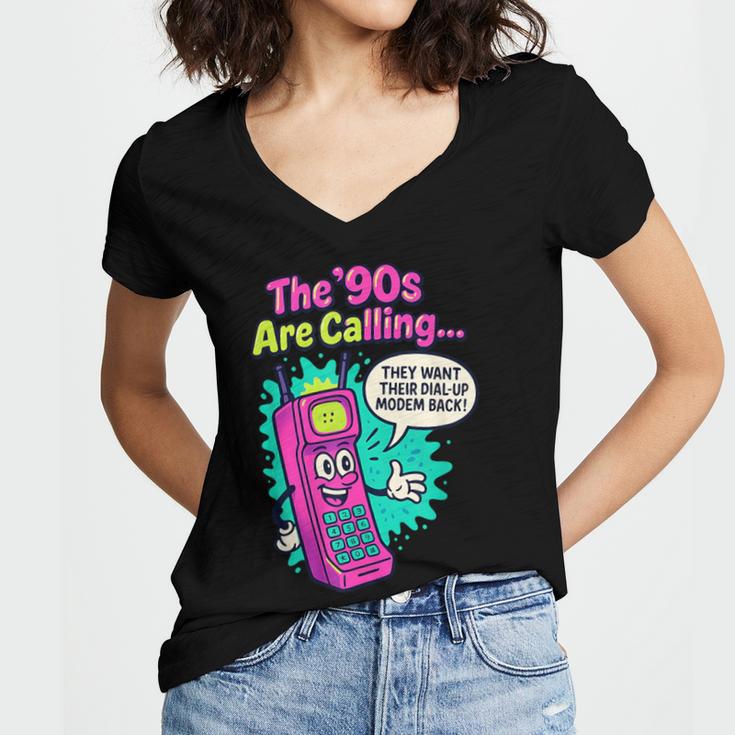 The 90s Are Calling Retro 90s Kid Nostalgia Gag Meme Women's Jersey Short Sleeve Deep V-Neck Tshirt