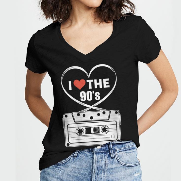 90s Nostalgia Cassette Heart Retro I Love The 90s Women's Jersey Short Sleeve Deep V-Neck Tshirt