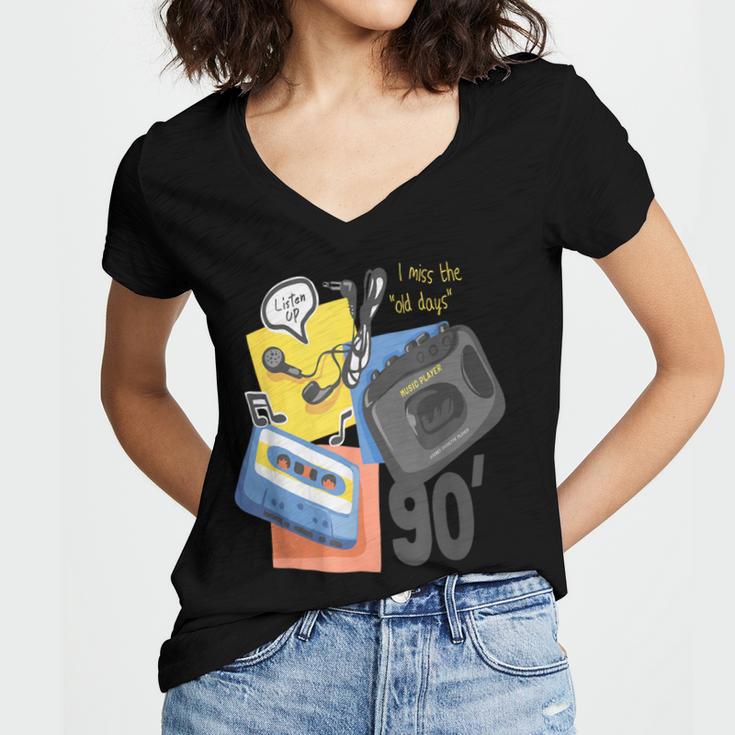 90s Retro Cassette And Walkman Nostalgia Graphic Tee Women's Jersey Short Sleeve Deep V-Neck Tshirt
