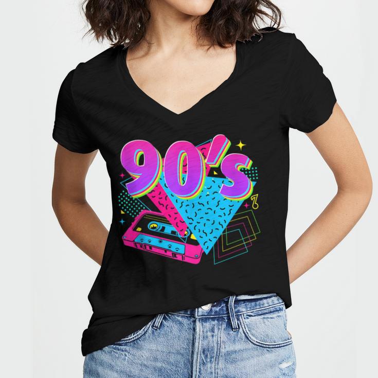90's Vibe Retro Style Cassette Tape Nostalgia 1990s Party Women's Jersey Short Sleeve Deep V-Neck Tshirt