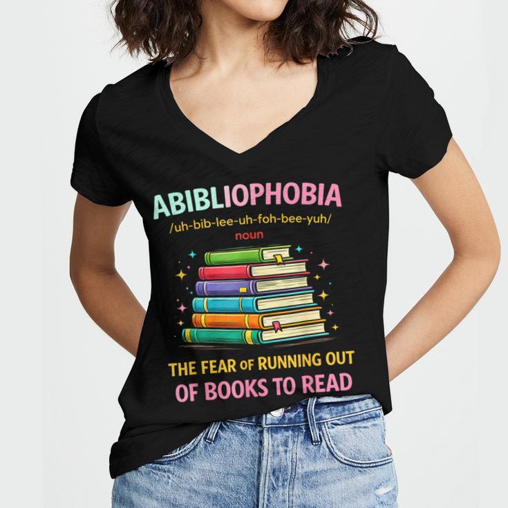 Abibliophobia Book Lovers Graphic Women's Jersey Short Sleeve Deep V-Neck Tshirt