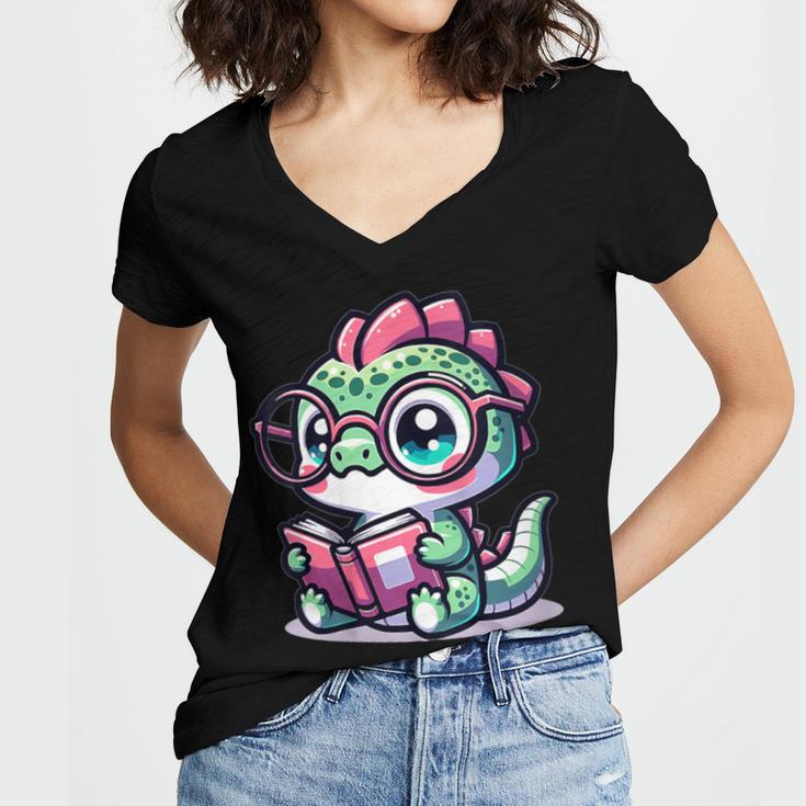 Adorable Book Lover Basilisk With Reading Glasses Cute Women's Jersey Short Sleeve Deep V-Neck Tshirt