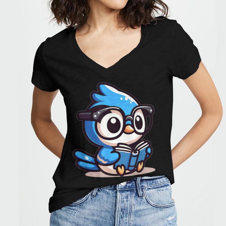 Adorable Book Lover Blue Jay With Reading Glasses Cute Women's Jersey Short Sleeve Deep V-Neck Tshirt