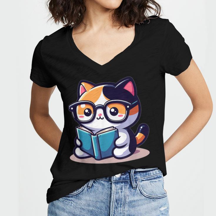 Adorable Book Lover Calico Cat With Reading Glasses Cute For Men Women Kids Women's Jersey Short Sleeve Deep V-Neck Tshirt Adorable Book Lover Calico Cat With Reading Glasses Cute For Men Women Kids Women's Jersey Short Sleeve Deep V-Neck Tshirt