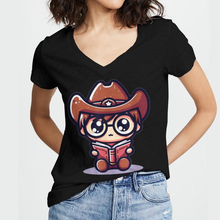 Adorable Book Lover Cowboy With Reading Glasses Cute Women's Jersey Short Sleeve Deep V-Neck Tshirt