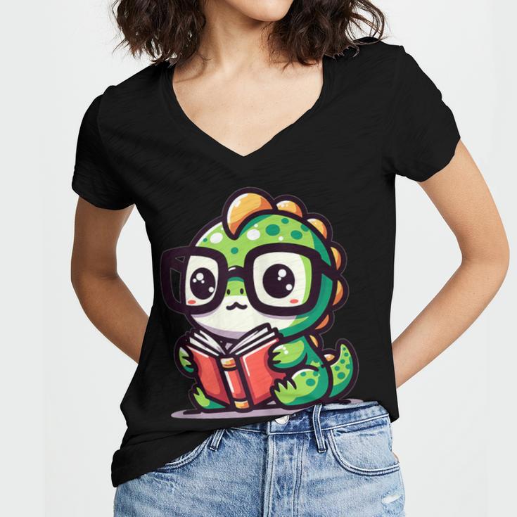 Adorable Book Lover Iguana With Reading Glasses Cute Women's Jersey Short Sleeve Deep V-Neck Tshirt Adorable Book Lover Iguana With Reading Glasses Cute Women's Jersey Short Sleeve Deep V-Neck Tshirt
