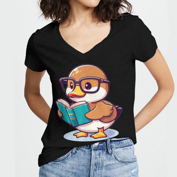 Adorable Book Lover Mallard Duck With Reading Glasses Cute Women's Jersey Short Sleeve Deep V-Neck Tshirt