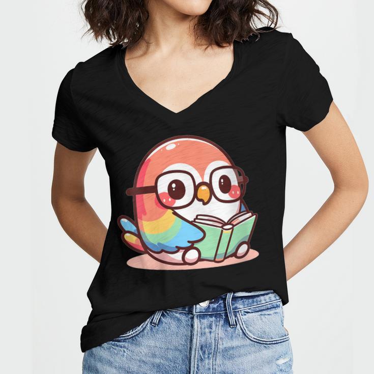 Adorable Book Lover Parrot With Reading Glasses Cute Women's Jersey Short Sleeve Deep V-Neck Tshirt