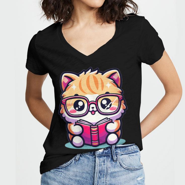 Adorable Book Lover Persian Cat With Reading Glasses Cute Women's Jersey Short Sleeve Deep V-Neck Tshirt