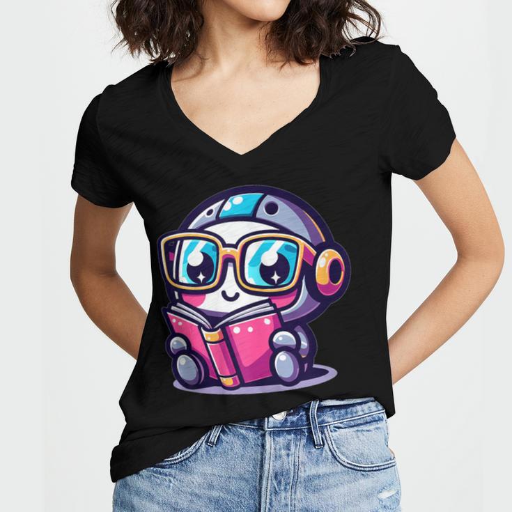 Adorable Book Lover Robot With Reading Glasses Cute Women's Jersey Short Sleeve Deep V-Neck Tshirt Adorable Book Lover Robot With Reading Glasses Cute Women's Jersey Short Sleeve Deep V-Neck Tshirt