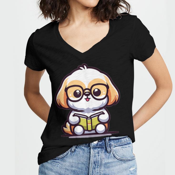 Adorable Book Lover Shih Tzu With Reading Glasses Cute Women's Jersey Short Sleeve Deep V-Neck Tshirt