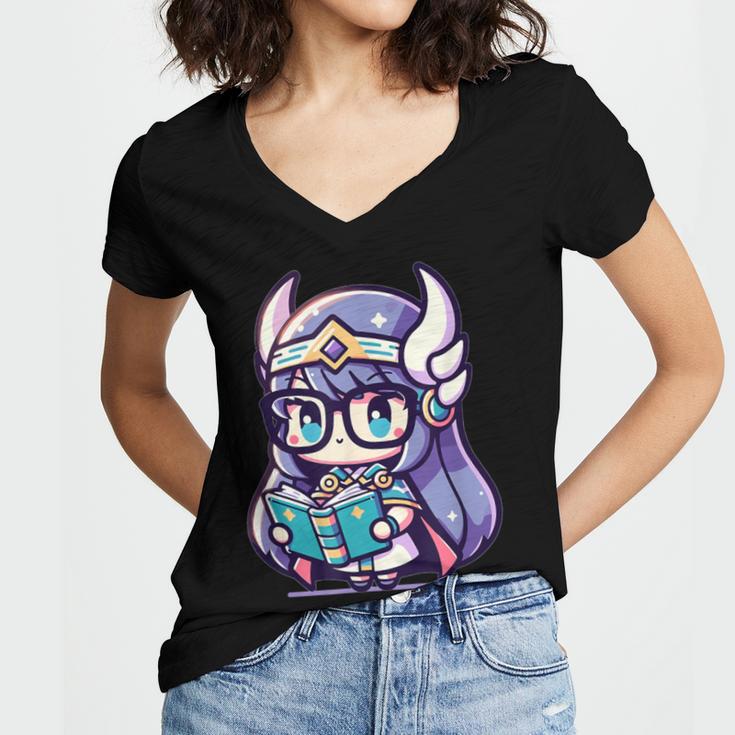 Adorable Book Lover Valkyrie With Reading Glasses Cute Women's Jersey Short Sleeve Deep V-Neck Tshirt