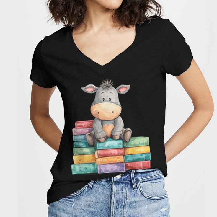 Adorable Donkey With Heart Sitting On Colorful Book Stack Women's Jersey Short Sleeve Deep V-Neck Tshirt Adorable Donkey With Heart Sitting On Colorful Book Stack Women's Jersey Short Sleeve Deep V-Neck Tshirt