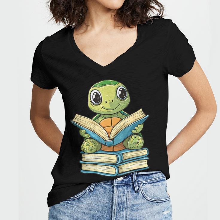 Adorable Turtle Reading Books Women's Jersey Short Sleeve Deep V-Neck Tshirt Adorable Turtle Reading Books Women's Jersey Short Sleeve Deep V-Neck Tshirt