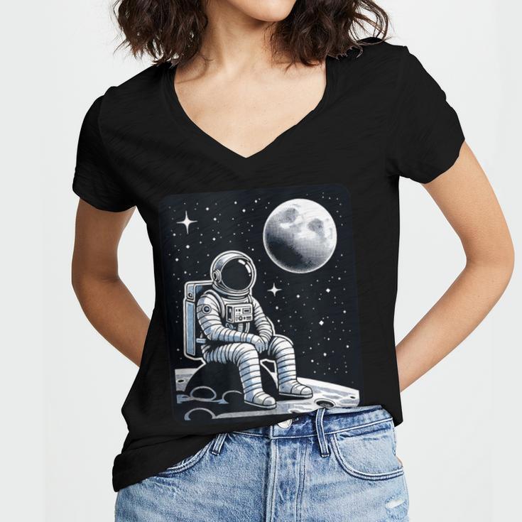 Aesthetic Spaceman Astronaut On The Moon Space Introvert Women's Jersey Short Sleeve Deep V-Neck Tshirt