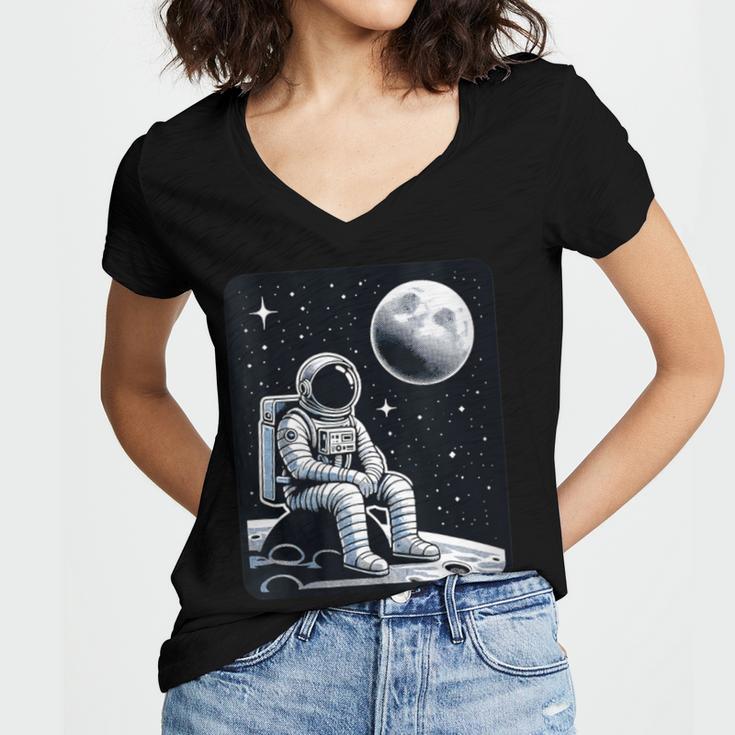 Aesthetic Spaceman Astronaut On The Moon Space Introvert Women's Jersey Short Sleeve Deep V-Neck Tshirt
