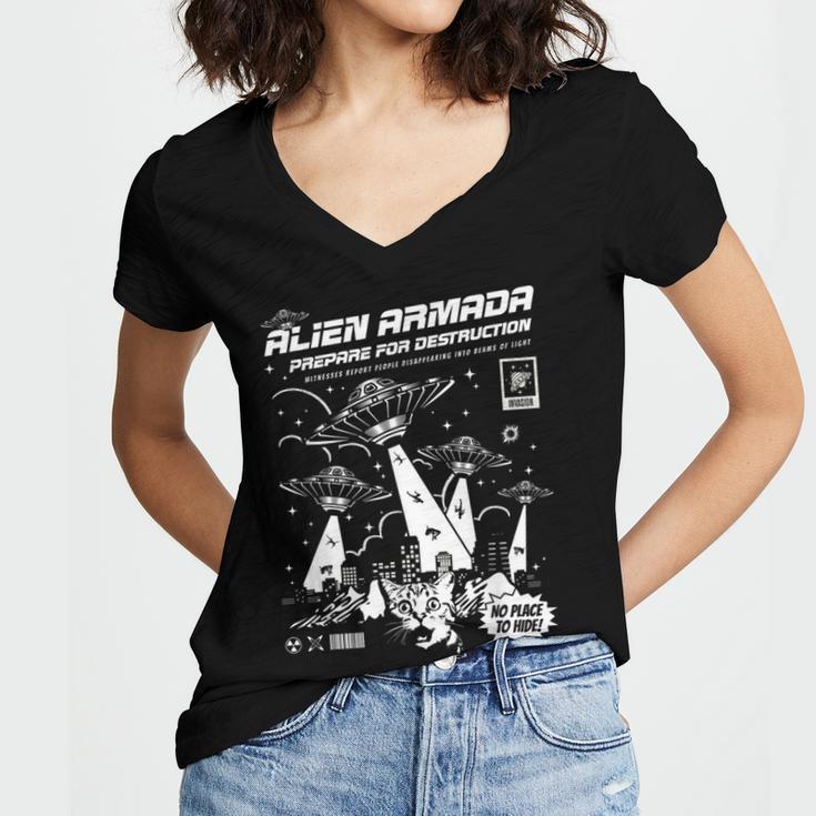 Alien Abduction UFO Lovers Comic Book Style Shirt Women's Jersey Short Sleeve Deep V-Neck Tshirt