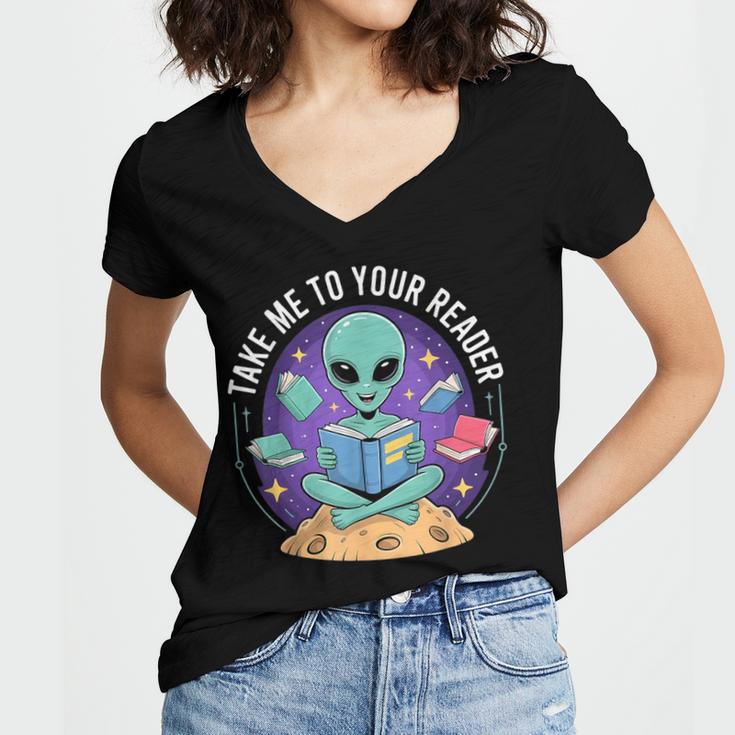 Alien Reader Reading Teacher Librarian Book Lover Women's Jersey Short Sleeve Deep V-Neck Tshirt