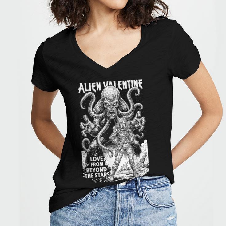 Alien Valentine Science Fiction Vintage Comic Book Women's Jersey Short Sleeve Deep V-Neck Tshirt