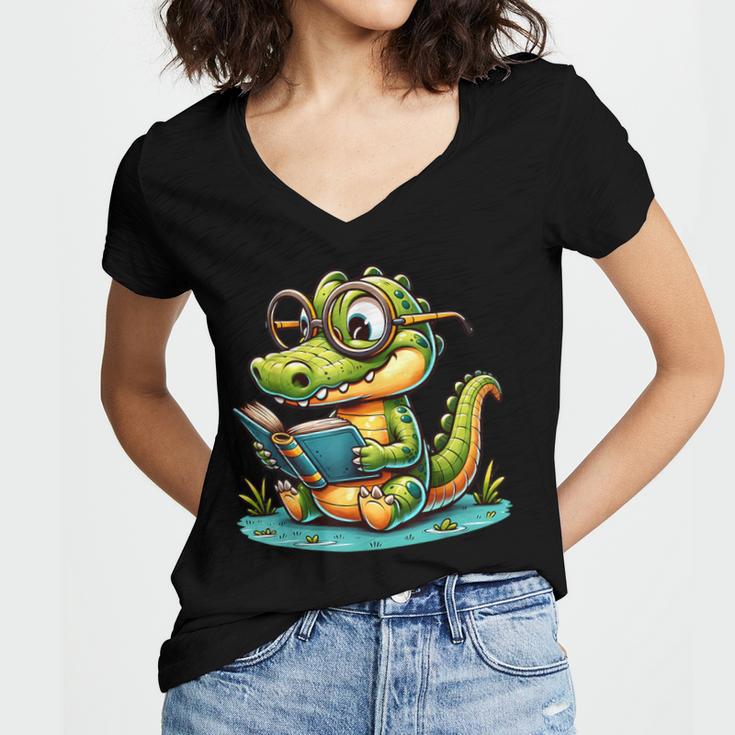 Alligator Reading a Book Animal Women's Jersey Short Sleeve Deep V-Neck Tshirt