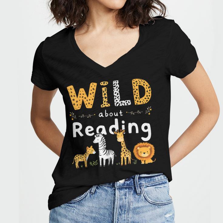 Animal Print Read A Book Character Kids Wild About Reading Women's Jersey Short Sleeve Deep V-Neck Tshirt