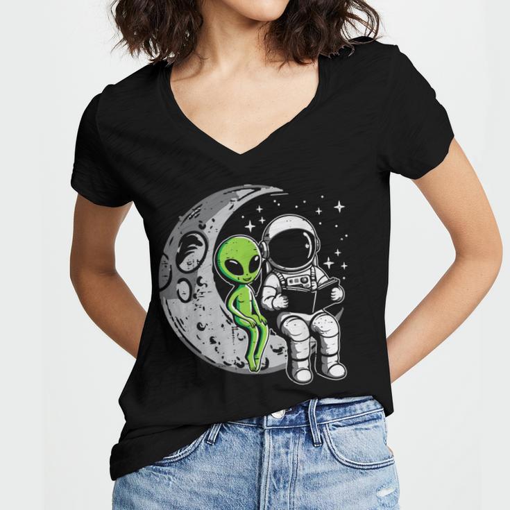 Astronaut Reading Book To Alien Moon Space Women Kids Men Women's Jersey Short Sleeve Deep V-Neck Tshirt