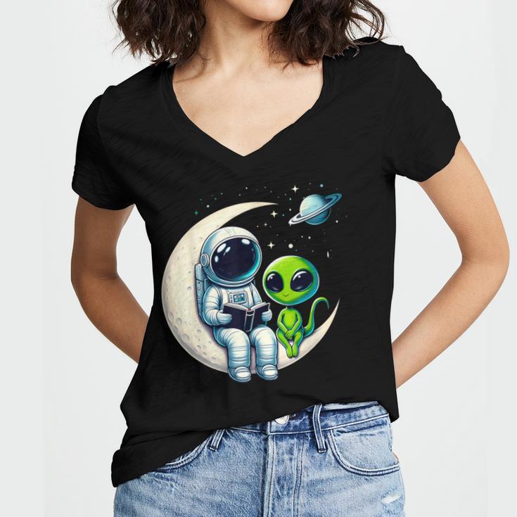 Astronaut Reading Book To Alien Shirt Moon Space Lover Kids Women's Jersey Short Sleeve Deep V-Neck Tshirt