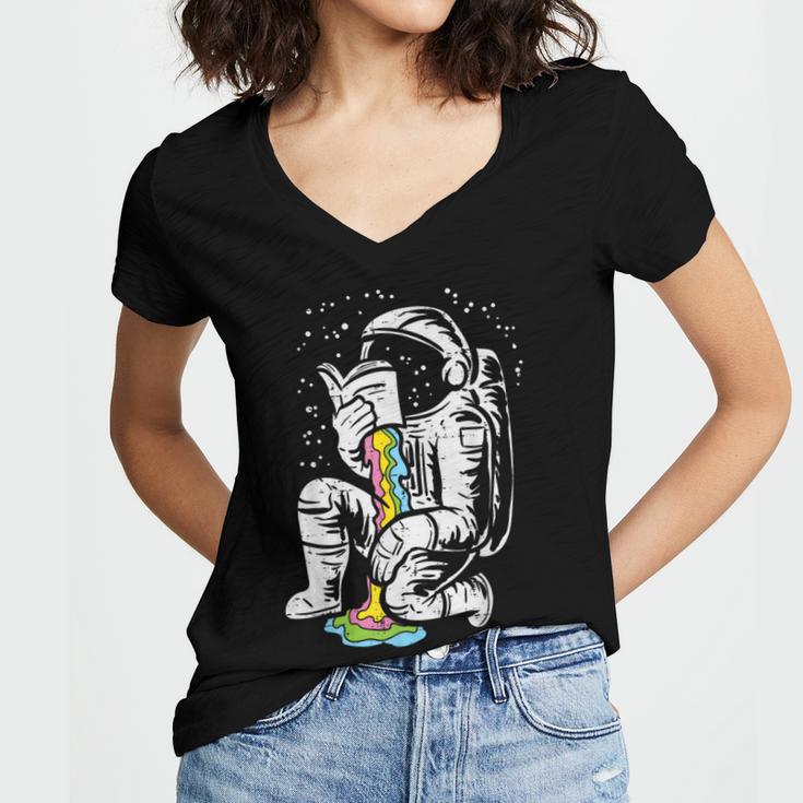 Astronaut Reading Book Space Galaxy Bookworm Men Women Kids Women's Jersey Short Sleeve Deep V-Neck Tshirt