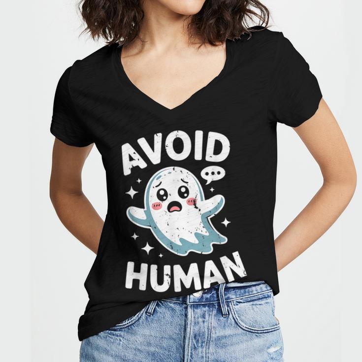 Avoid Humans Cute Kawaii Pastel Ghost Introvert Saying Women's Jersey Short Sleeve Deep V-Neck Tshirt Avoid Humans Cute Kawaii Pastel Ghost Introvert Saying Women's Jersey Short Sleeve Deep V-Neck Tshirt