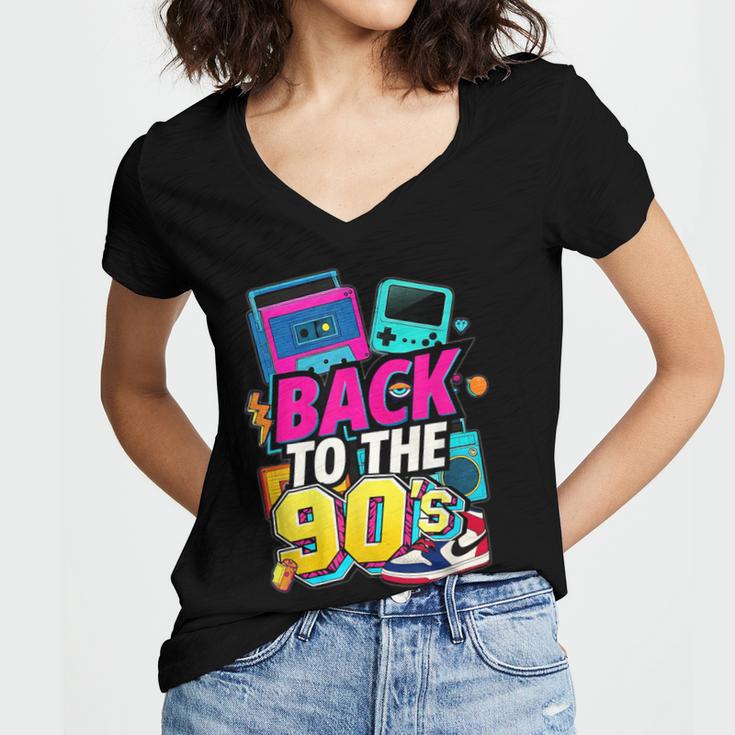 Back To The 90s Nostalgia Cassette Game Console Boombox Women's Jersey Short Sleeve Deep V-Neck Tshirt