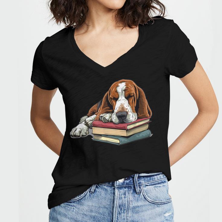 Basset Hound Books Dog Breed Graphic Women's Jersey Short Sleeve Deep V-Neck Tshirt Basset Hound Books Dog Breed Graphic Women's Jersey Short Sleeve Deep V-Neck Tshirt