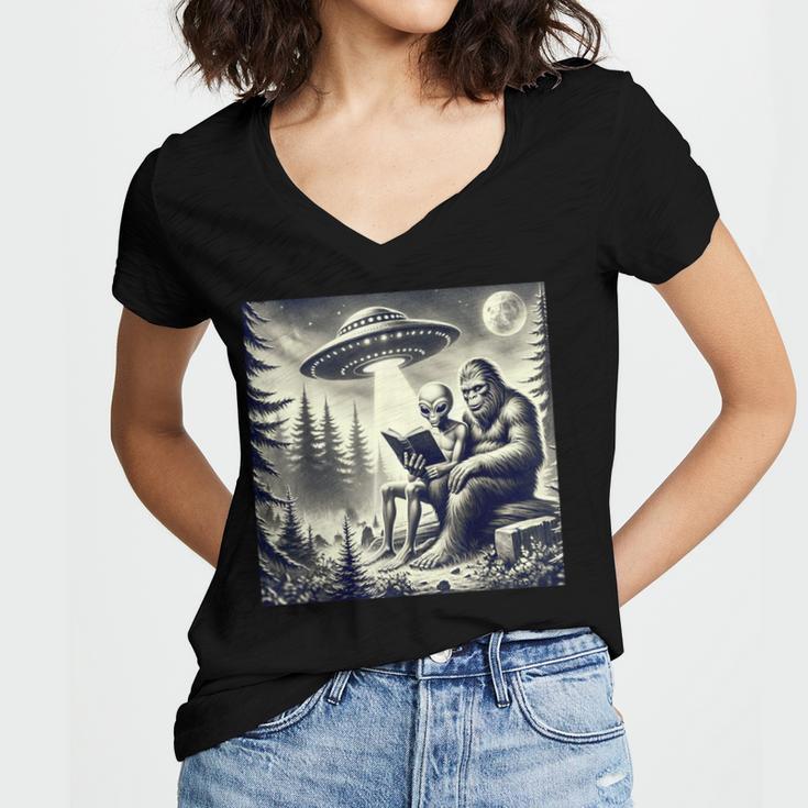 Bigfoot With Alien Reading A Book Bigfoot And UFO Women's Jersey Short Sleeve Deep V-Neck Tshirt