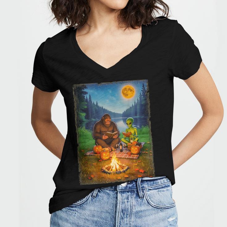 Bigfoot And Alien Reading Books Campfire Halloween Women's Jersey Short Sleeve Deep V-Neck Tshirt
