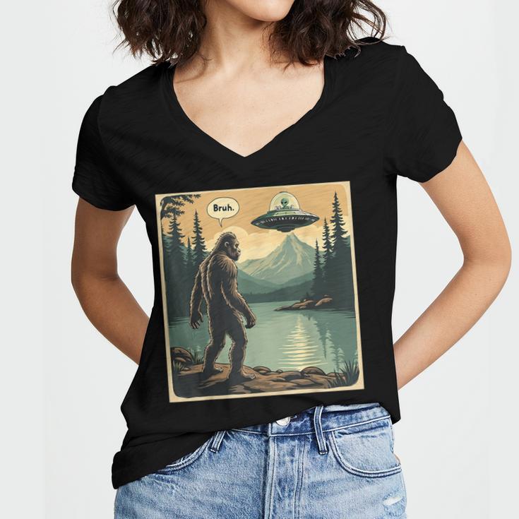 Bigfoot Sasquatch Alien Spaceship UFO Introvert Bruh Women's Jersey Short Sleeve Deep V-Neck Tshirt
