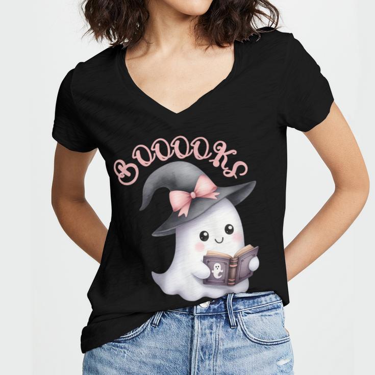 Boo Ghost Books Coquette Bow Halloween Women School Teacher Women's Jersey Short Sleeve Deep V-Neck Tshirt Boo Ghost Books Coquette Bow Halloween Women School Teacher Women's Jersey Short Sleeve Deep V-Neck Tshirt