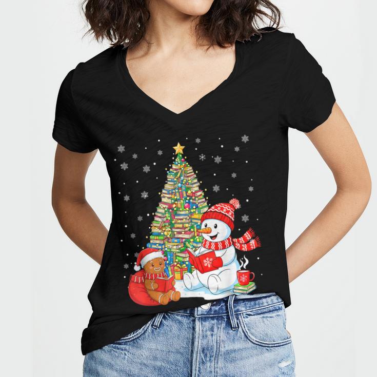 Book Christmas Tree Bookworm Gingerbread Man Snowman Reading Women's Jersey Short Sleeve Deep V-Neck Tshirt Book Christmas Tree Bookworm Gingerbread Man Snowman Reading Women's Jersey Short Sleeve Deep V-Neck Tshirt