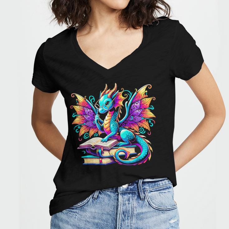 Book Dragon Reading Women's Jersey Short Sleeve Deep V-Neck Tshirt
