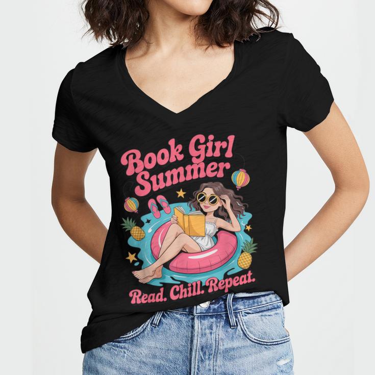 Book Girl Summer Beach Vacation Book Lover Women's Jersey Short Sleeve Deep V-Neck Tshirt